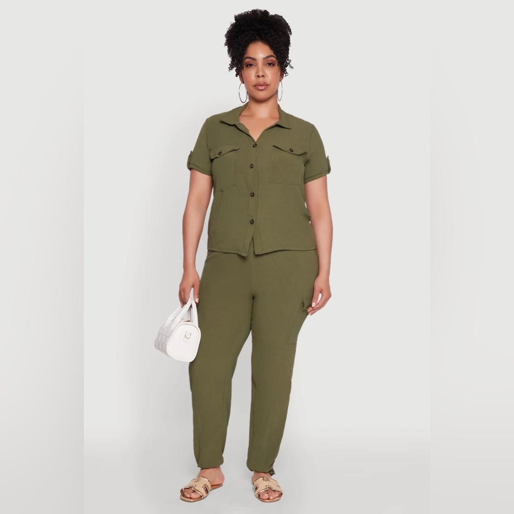 Brand New Olive Greeb Rainbow Green Button Front Knit Shirt and Cargo Pants